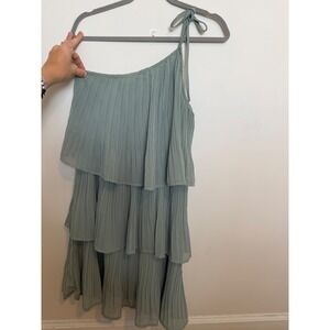 Zesica Sage Green One Shoulder Pleated Tiered Ruffle Mini Dress Womens Medium